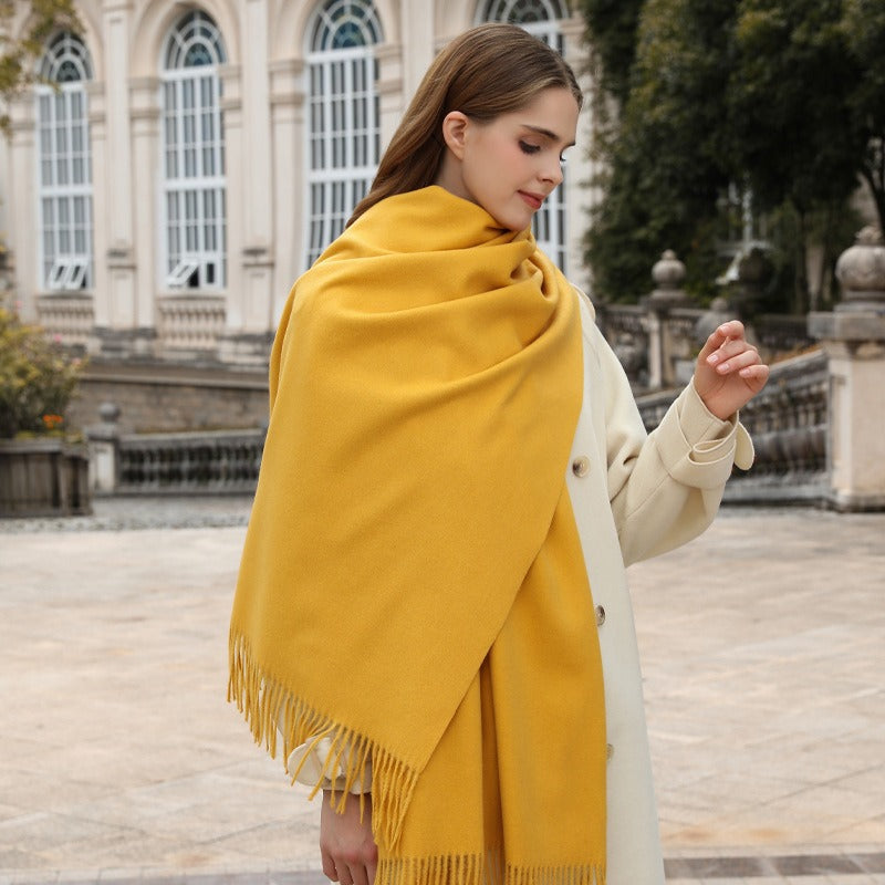 Two-In-One Winter Scarf Wrap in a Solid Color, Resembling Cashmere, Designed for Women. A Soft And Warm Accessory Perfect for Office Commutes with a Boho Fashion Touch
