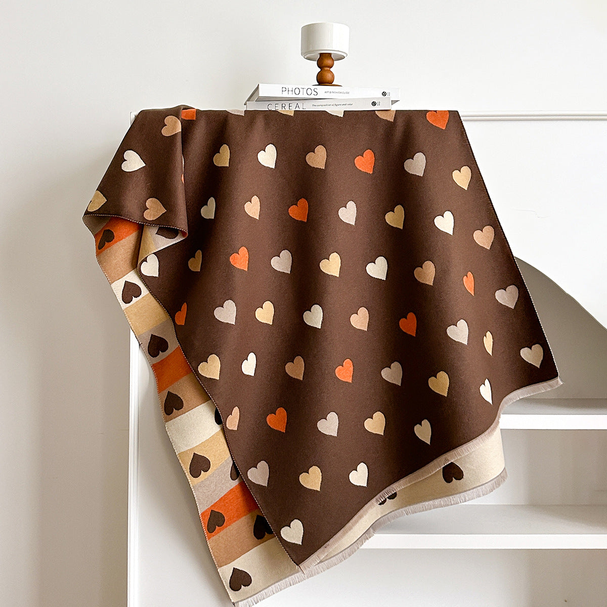 A Reversible Heart-Patterned Scarf for Women, Featuring a Cozy Blend of Beige, Brown, Red, Grey, And White with Black Hearts. Perfect for Parties, Dates, And Everyday Wear, This Stylish Winter Accessory Is Hand Washable
