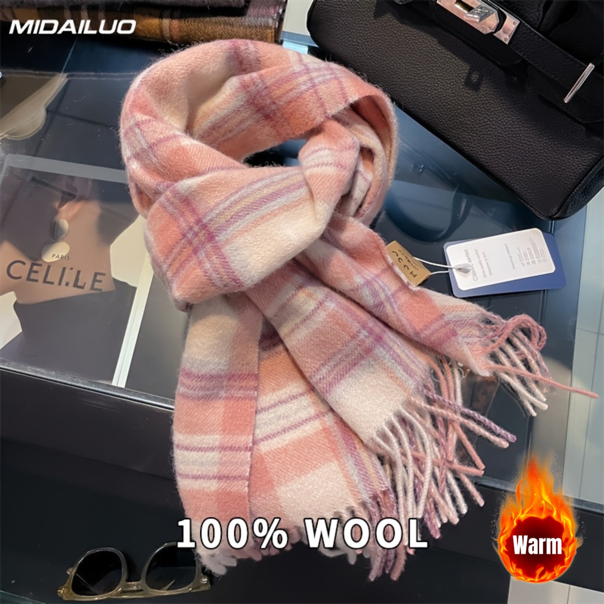 100% Wool Scarf 70.87 * 12.6 Inches | Winter Warm, Windproof, Elegant, Fashionable, Non Elastic, Multifunctional Outdoor Activity Casual Wear, Plaid Pattern, Valentine'S Day Gift
