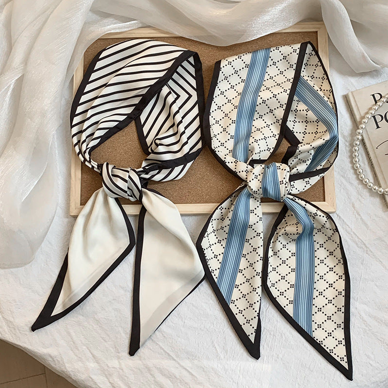 Scarf Korean Atmosphere Printing Double-layer Long Strip Diagonal Tied Bag Streamer Small Scarf Headscarf Headband Tied Hair