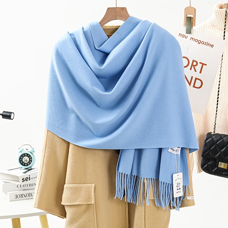 A Cashmere Scarf And Shawl for Women - Provides Thick Warmth for Winter, Available in a Solid Light Blue Color - Offers a Luxurious Touch, Adaptable for Both Casual And Formal Outfits - Features an Elegant Bohemian Style