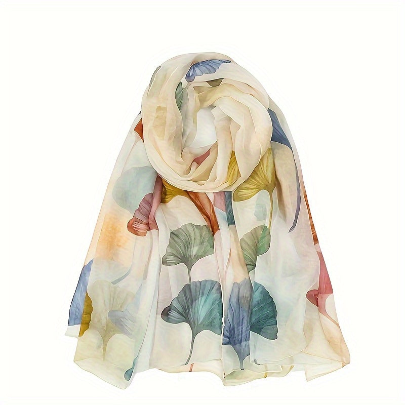 100% Mulberry Silk Scarf Colorful Ginkgo Leaves Print Versatile Fashionable Shawl for Women Lightweight and Stylish, Perfect Gift
