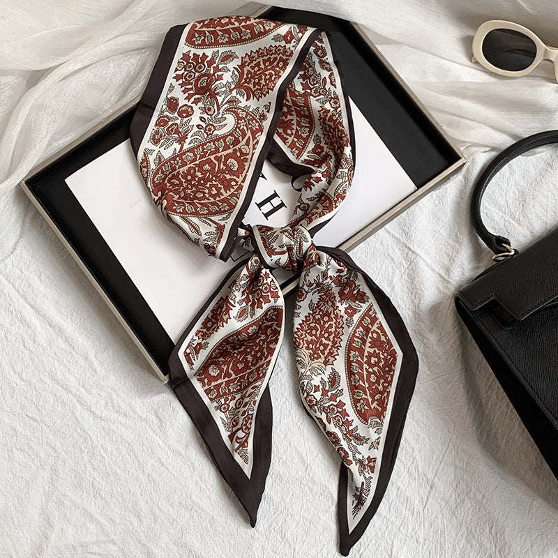 Scarf Korean Atmosphere Printing Double-layer Long Strip Diagonal Tied Bag Streamer Small Scarf Headscarf Headband Tied Hair