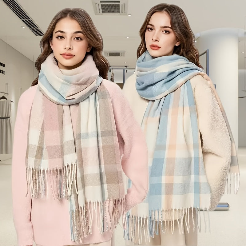 Autumn And Winter Cashmere Plaid Scarf, Shawl, Versatile Warm Neck Wrap, a Easy Yet Elegant Plaid Scarf for Female Students, a Unisex Warm Neck Wrap in Plaid Design