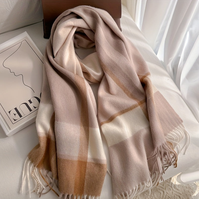 Autumn And Winter Cashmere Plaid Scarf, Shawl, Versatile Warm Neck Wrap, a Easy Yet Elegant Plaid Scarf for Female Students, a Unisex Warm Neck Wrap in Plaid Design