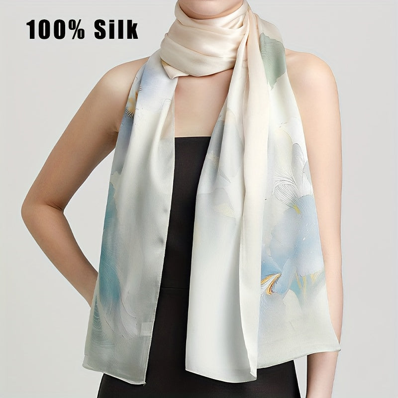 100% Mulberry Silk Ink Wash Floral Multifunctional Women'S Silk Long Scarf. Made from Silk, Suitable for All Seasons. The Ink Wash Floral Style Complements Classical, Light Luxury, And Intellectual Outfits. Can Be Worn in Various Ways