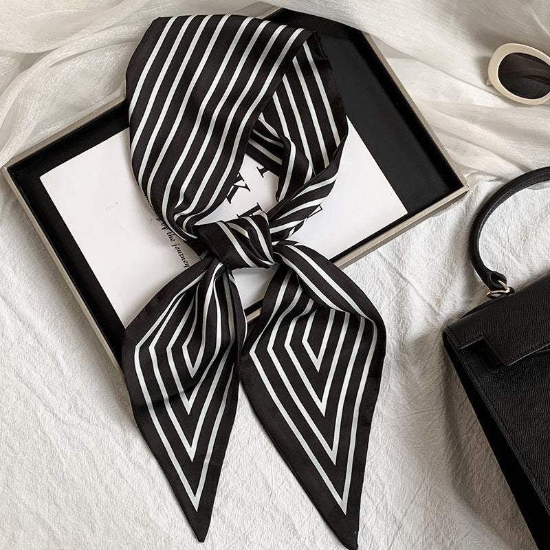 Scarf Korean Atmosphere Printing Double-layer Long Strip Diagonal Tied Bag Streamer Small Scarf Headscarf Headband Tied Hair