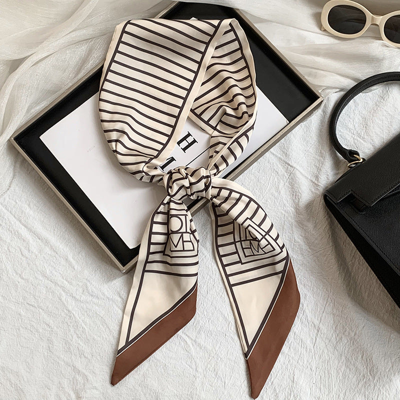 Scarf Korean Atmosphere Printing Double-layer Long Strip Diagonal Tied Bag Streamer Small Scarf Headscarf Headband Tied Hair
