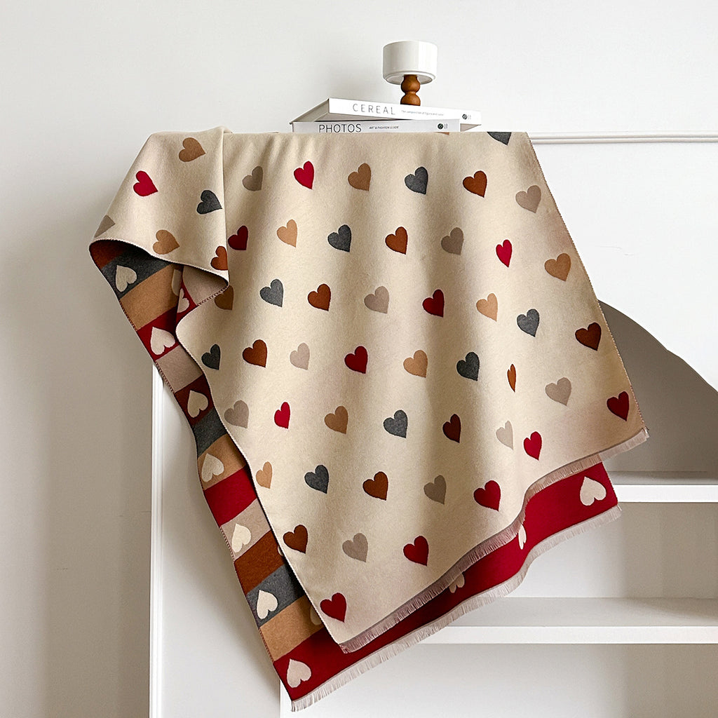 A Reversible Heart-Patterned Scarf for Women, Featuring a Cozy Blend of Beige, Brown, Red, Grey, And White with Black Hearts. Perfect for Parties, Dates, And Everyday Wear, This Stylish Winter Accessory Is Hand Washable