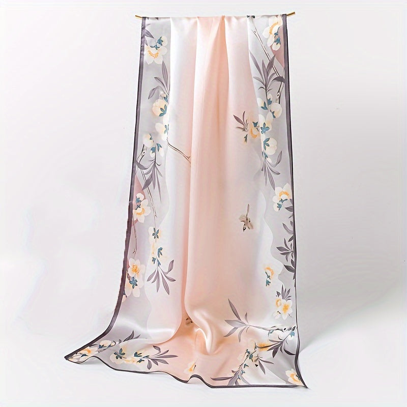 Light Pink Holiday Gift 100% Mulberry Silk Long Scarf | New Spring\u002FSummer Style Lightweight Shawl | 67.7x20.87 Inches, Chinese Vintage Flying Birds and Flowers Pattern, Gift for Mom, Women, Daily Wear, Parties