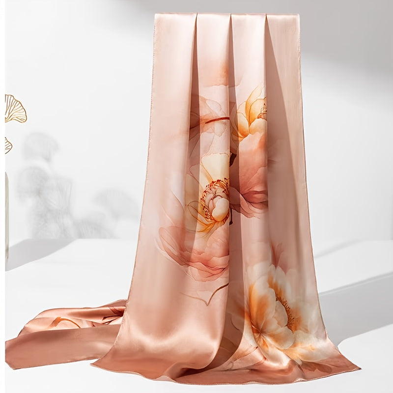 Elegant Vintage Floral Silk Long Scarf for Women | Made of 100% Mulberry Silk with a Gradient Floral Print, This Versatile Long Scarf Is Smooth And Skin-Friendly, Perfect for Tying Around The Neck for a Delicate Look